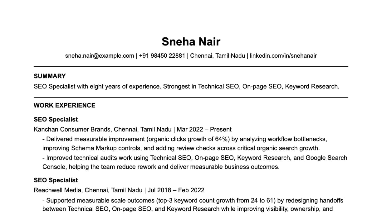 The top of a seo specialist resume: contact details, a two-line summary, and the first role with two quantified achievements.
