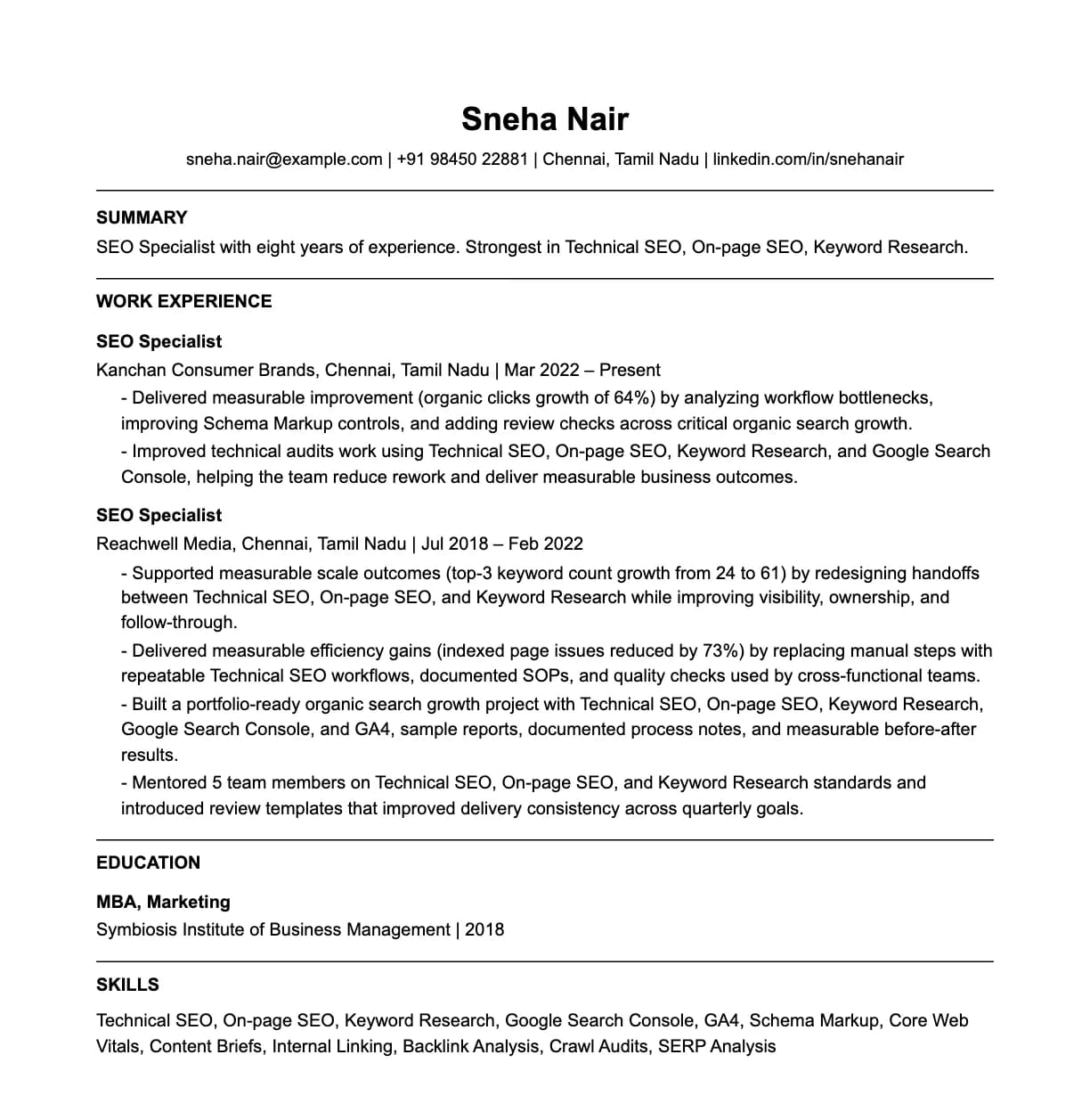 A complete one-page seo specialist resume: contact line, summary, two roles with quantified achievements, education and a skills list.