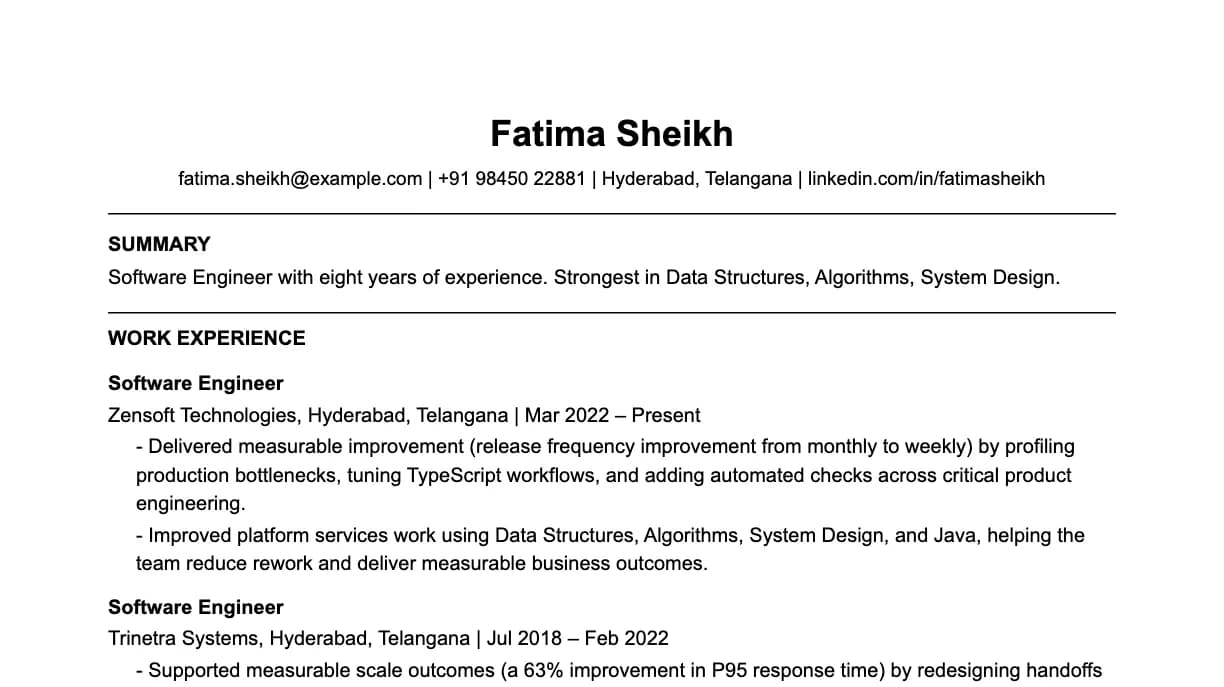 The top of a software engineer resume: contact details, a two-line summary, and the first role with two quantified achievements.