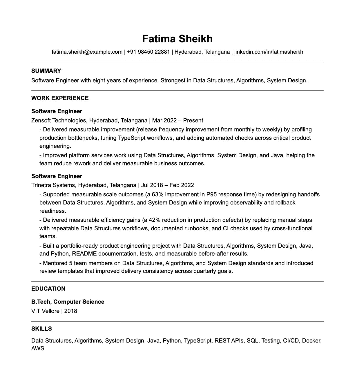 A complete one-page software engineer resume: contact line, summary, two roles with quantified achievements, education and a skills list.