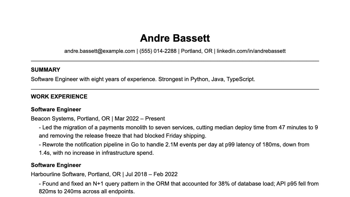 The top of a software engineer resume: contact details, a two-line summary, and the first role with two quantified achievements.