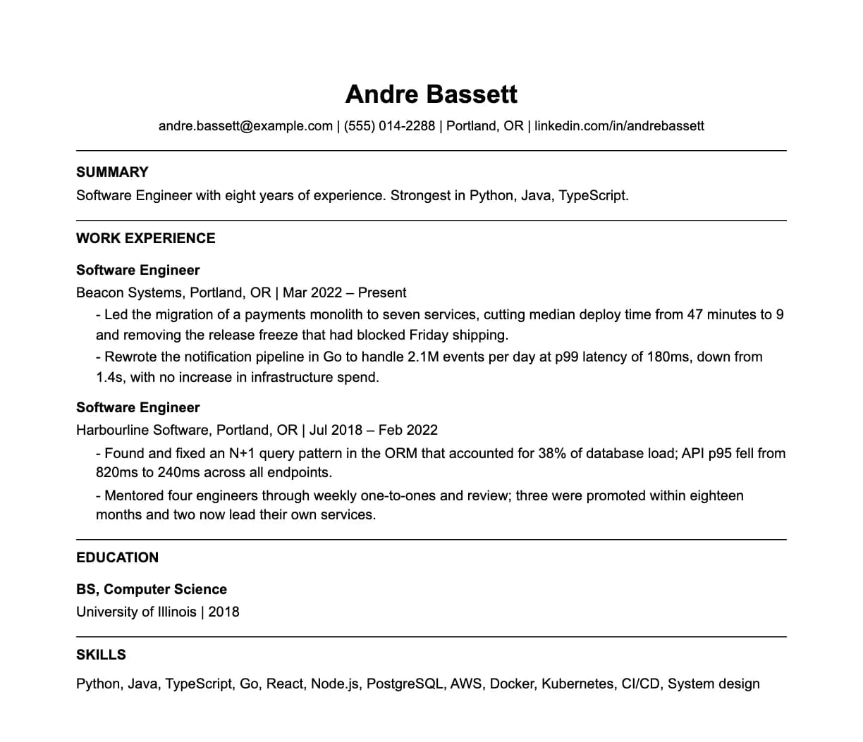 A complete one-page software engineer resume: contact line, summary, two roles with quantified achievements, education and a skills list.