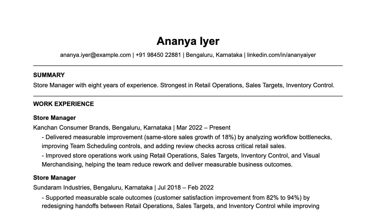 The top of a store manager resume: contact details, a two-line summary, and the first role with two quantified achievements.