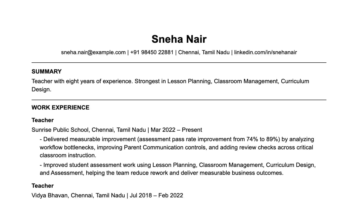 The top of a teacher resume: contact details, a two-line summary, and the first role with two quantified achievements.
