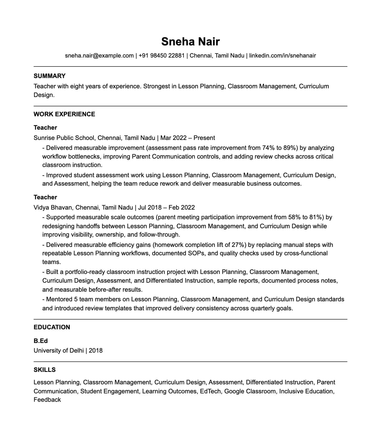 A complete one-page teacher resume: contact line, summary, two roles with quantified achievements, education and a skills list.