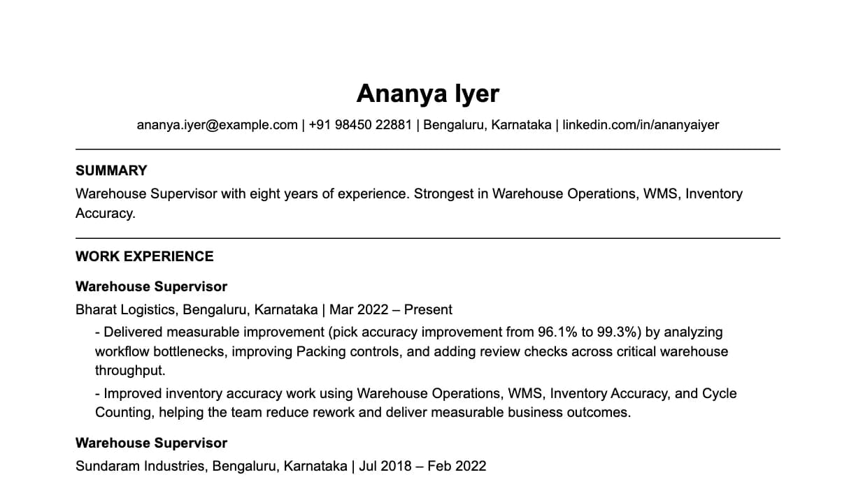 The top of a warehouse supervisor resume: contact details, a two-line summary, and the first role with two quantified achievements.