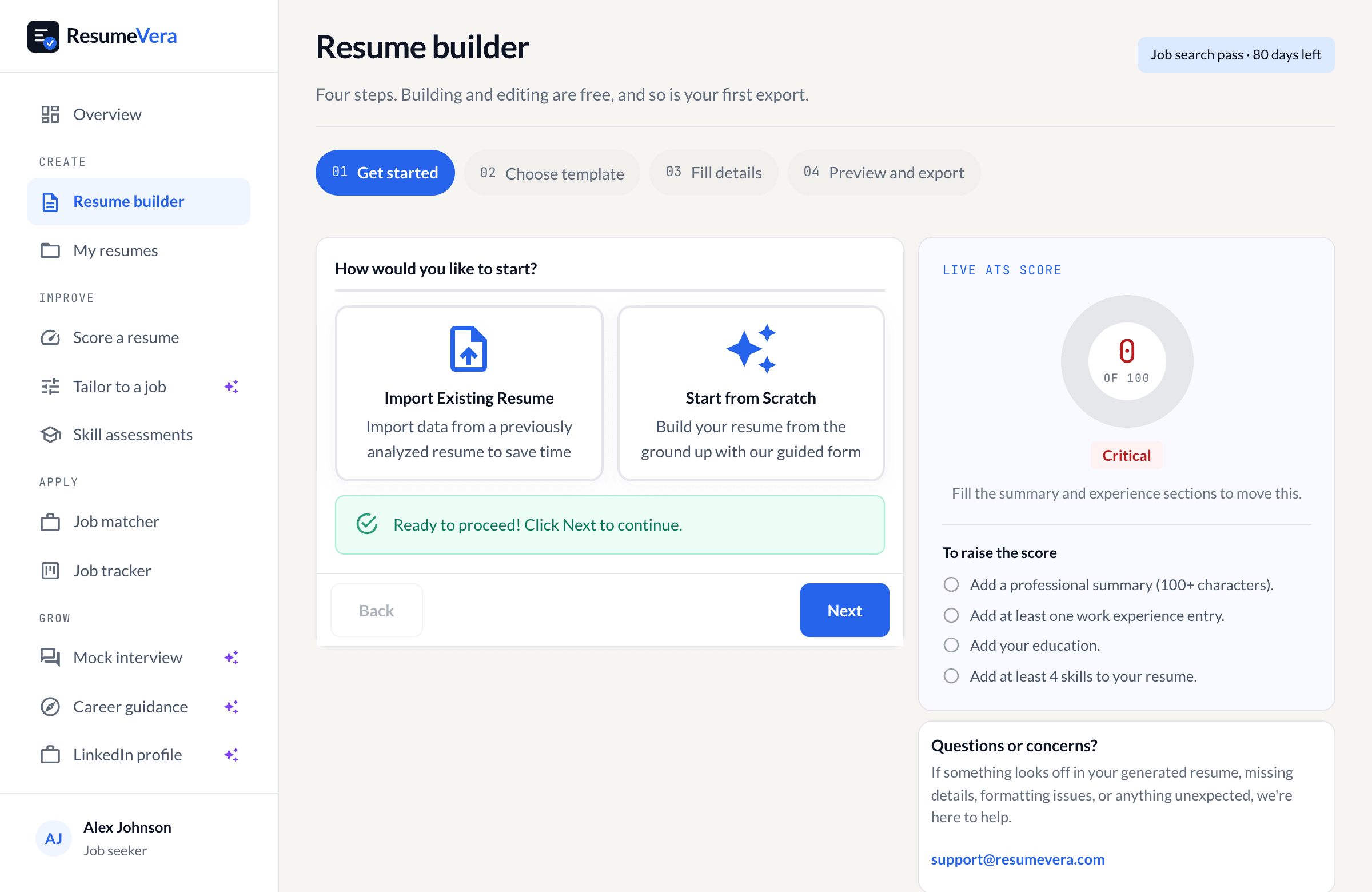 The first step of the resume builder, offering to import an existing file or start a new draft.