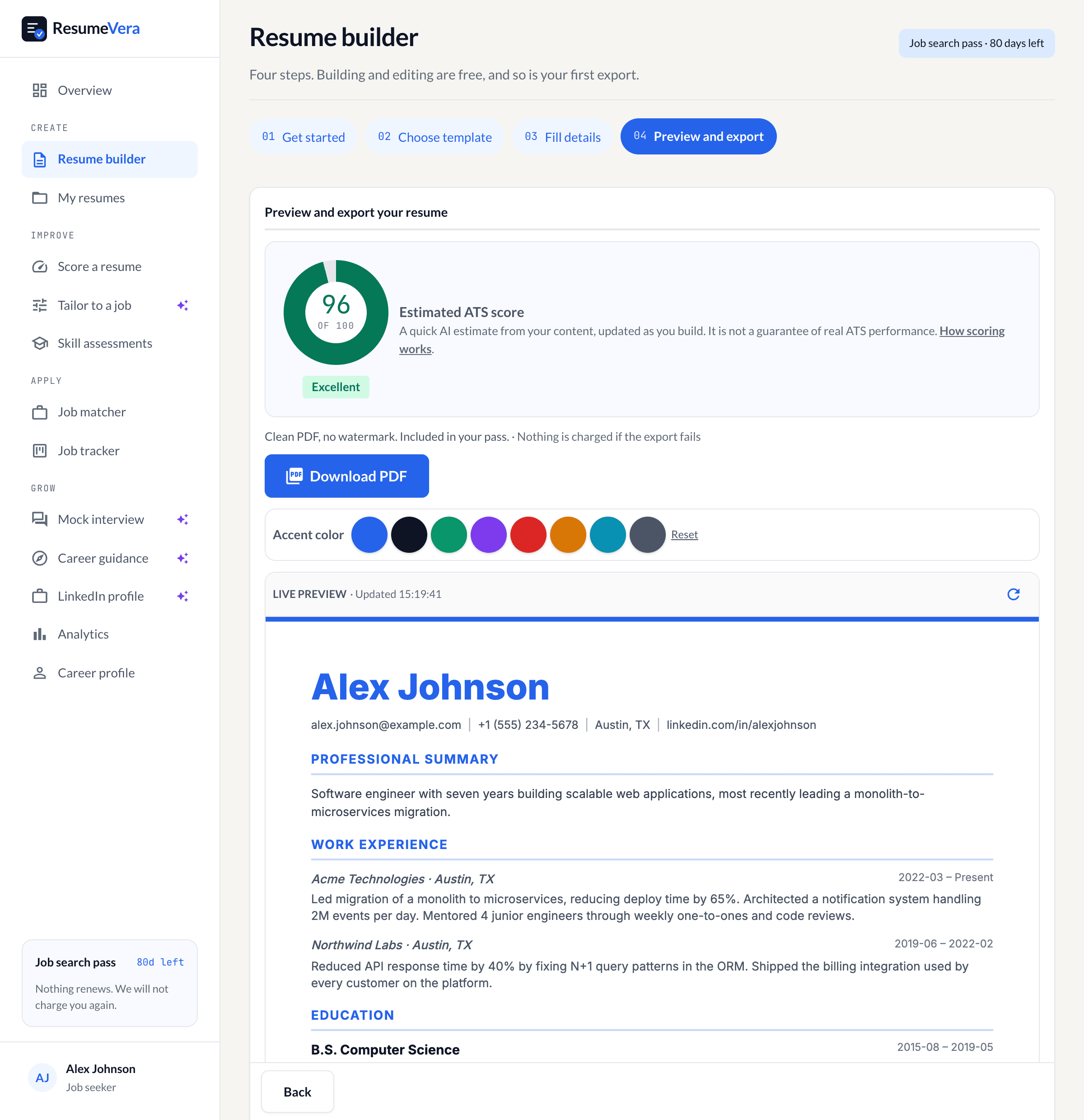 The export step, showing the finished resume rendered in a preview pane above a download button.