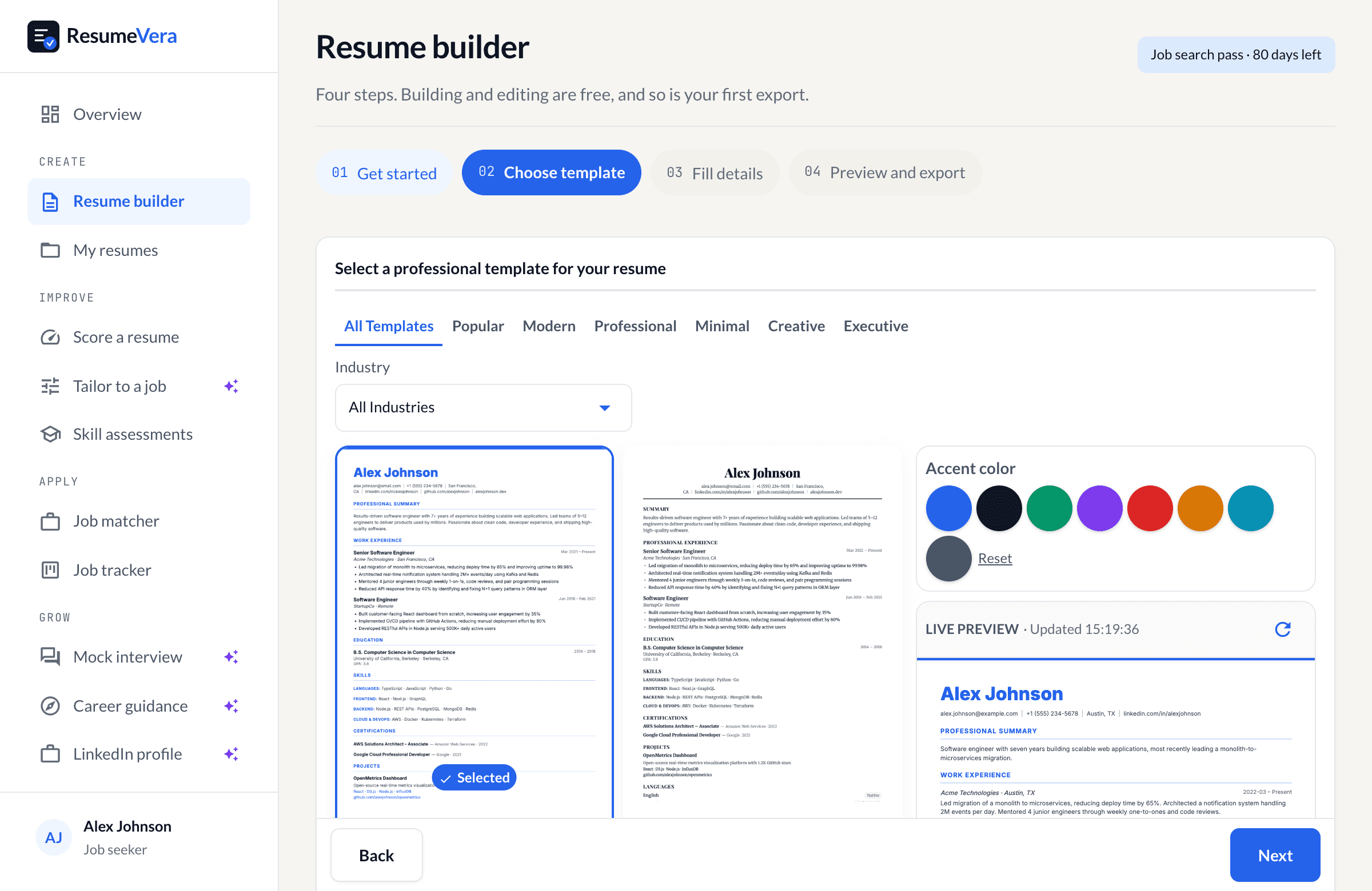 The template chooser, showing real resume templates in a filterable gallery beside a live preview.