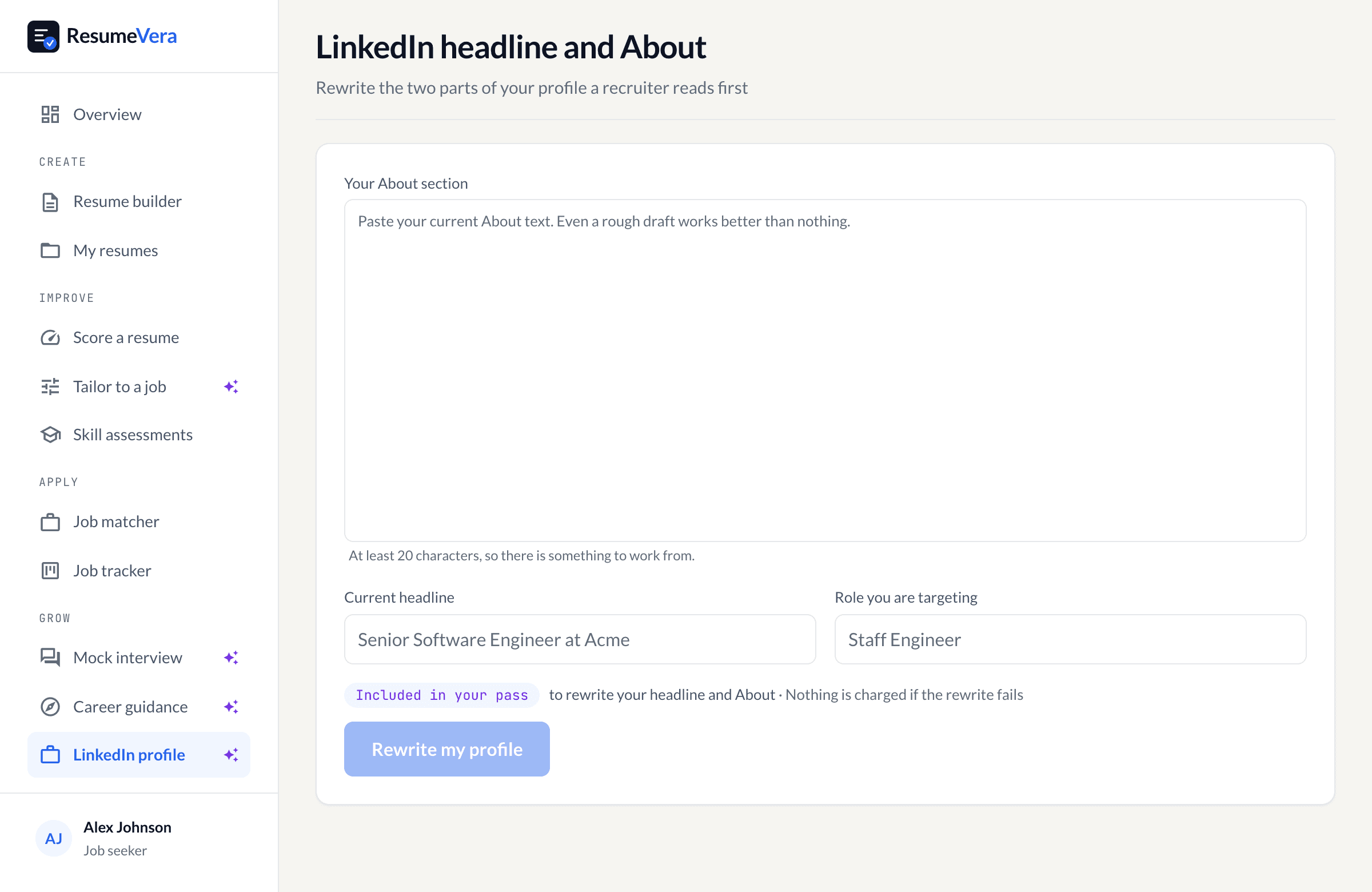 The LinkedIn screen: paste your About section and target role, and get both rewritten.