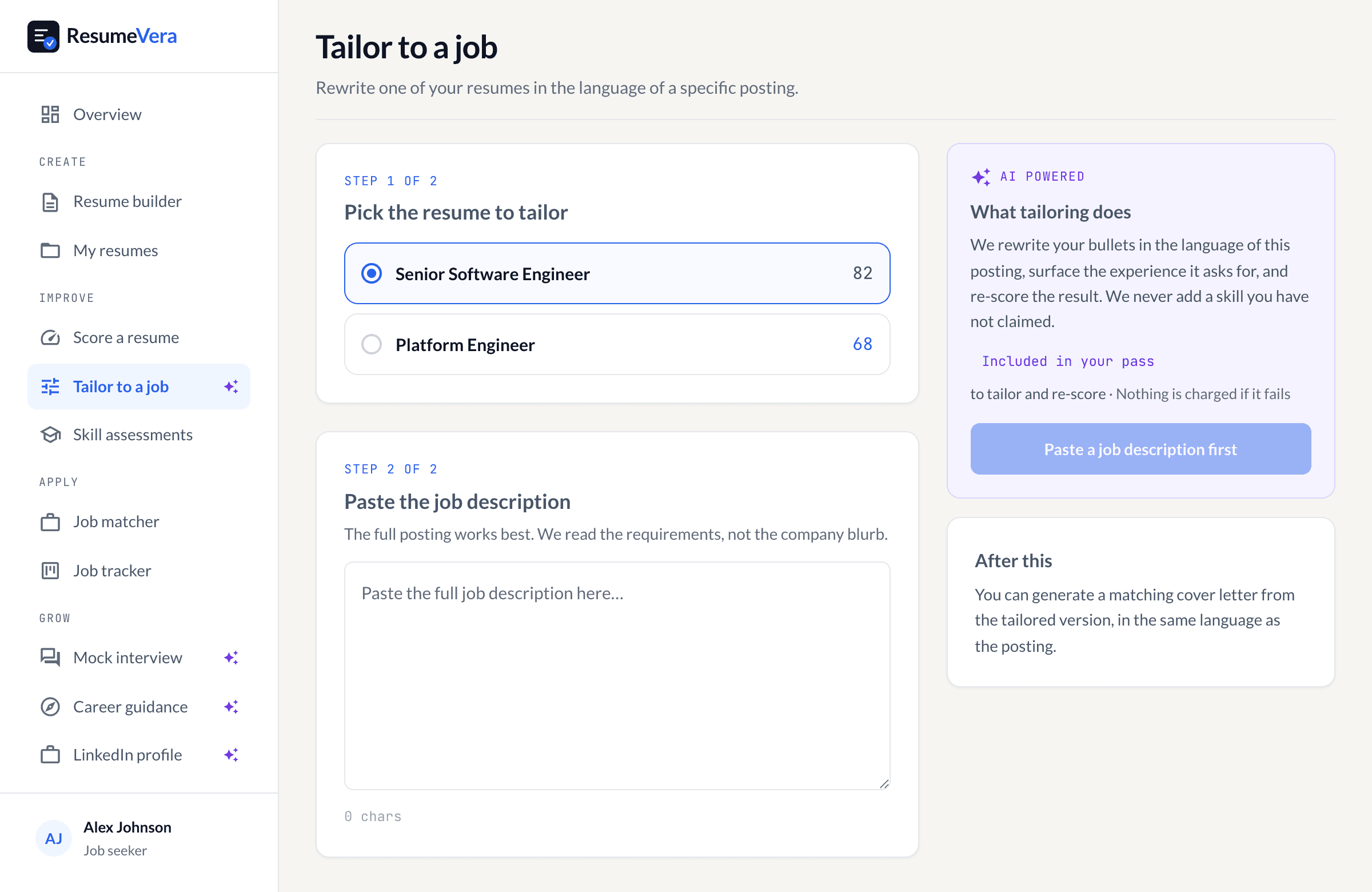 The tailoring screen: pick a resume, paste a job description, and rewrite against it.