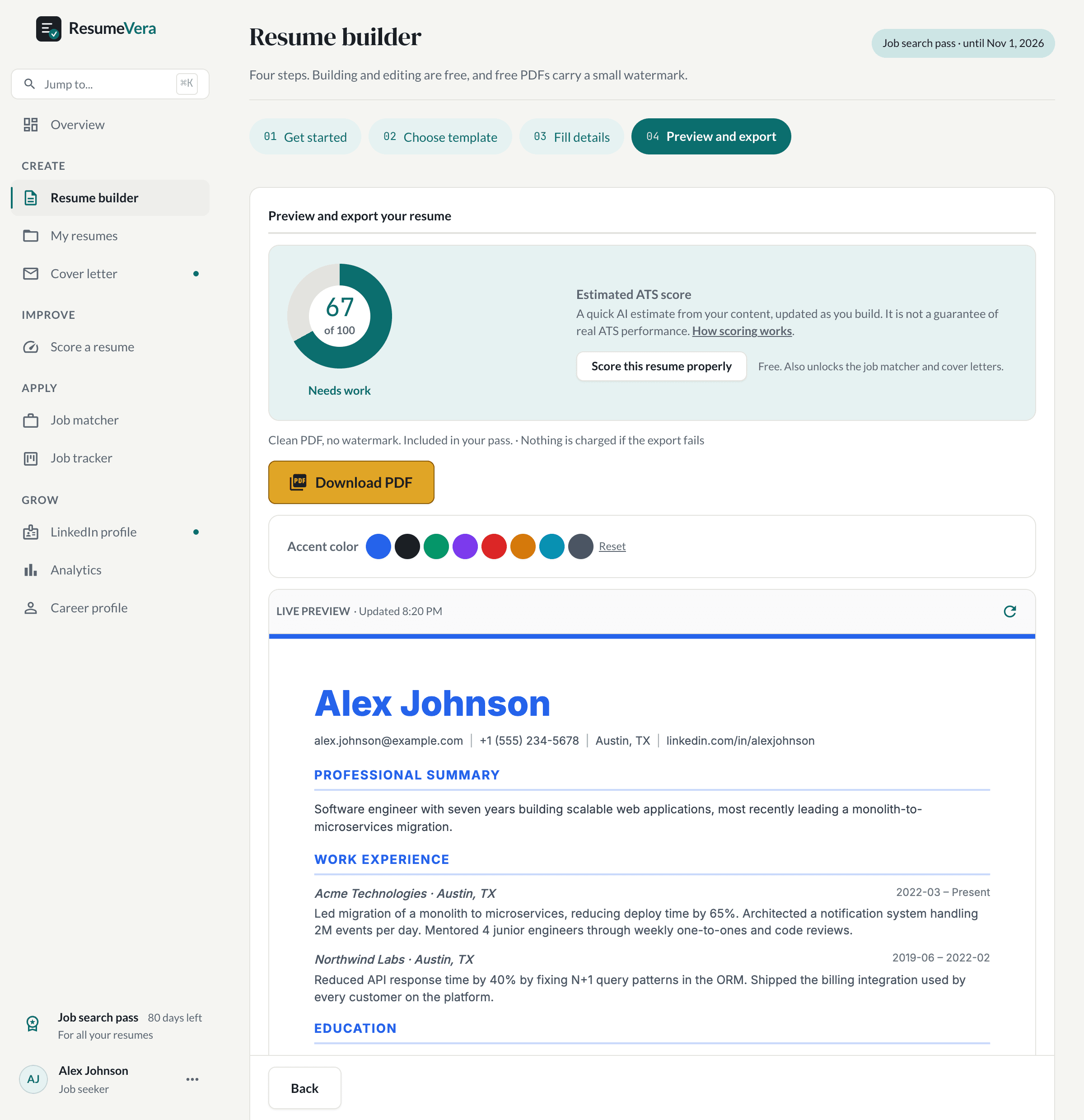 The export step, showing the finished resume rendered in a preview pane above a download button.