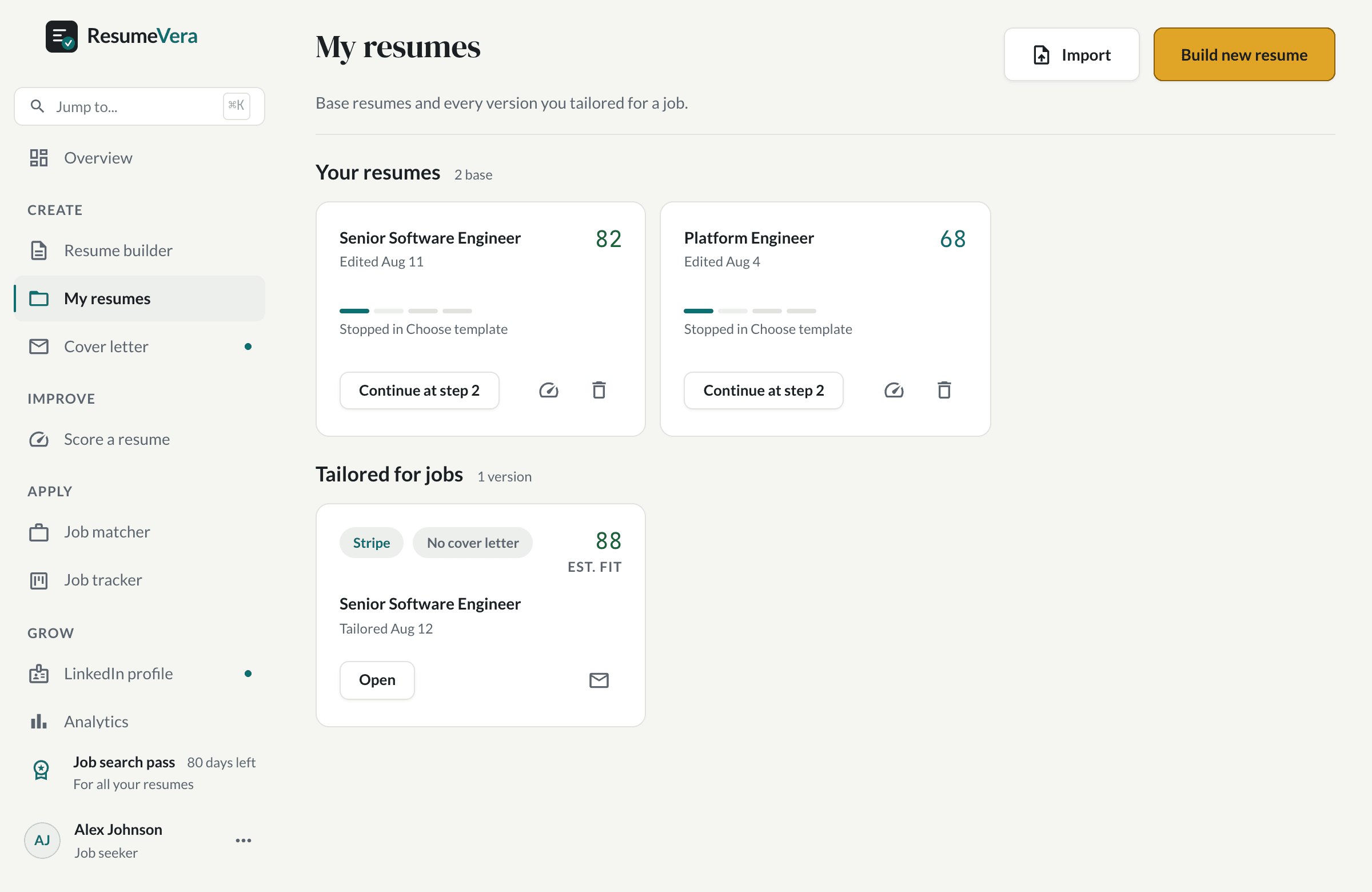 The resume library: every version you have built or scored, with its score.