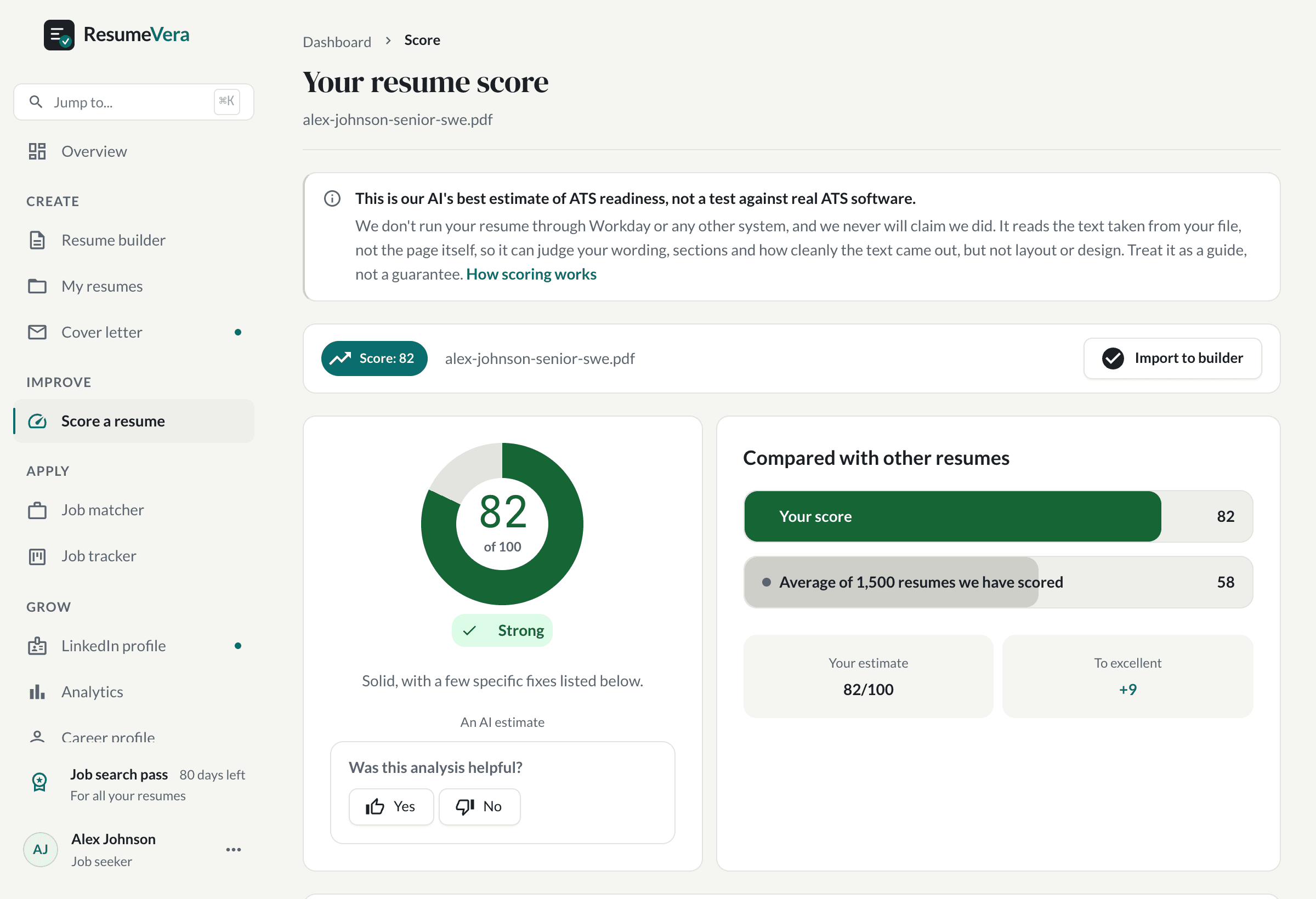 A resume score of 82 out of 100 with its category breakdown, benchmark comparison, and a notice explaining that the score is an AI estimate rather than a real ATS test.