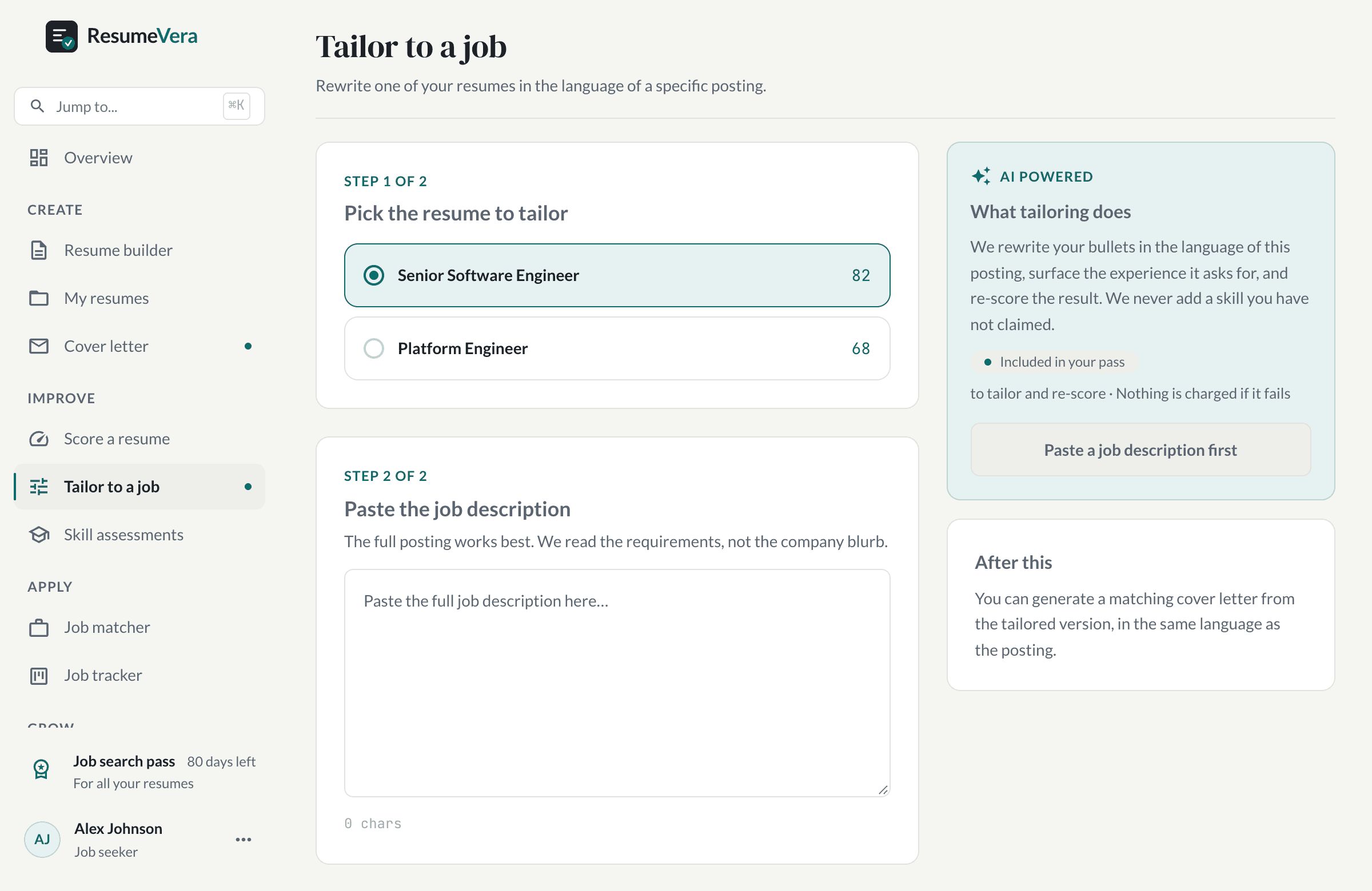 The tailoring screen: pick a resume, paste a job description, and rewrite against it.
