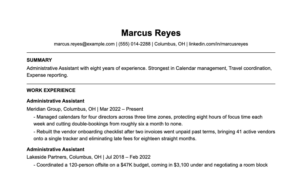 The top of an administrative assistant resume: contact details, a two-line summary, and the first role with two quantified achievements.
