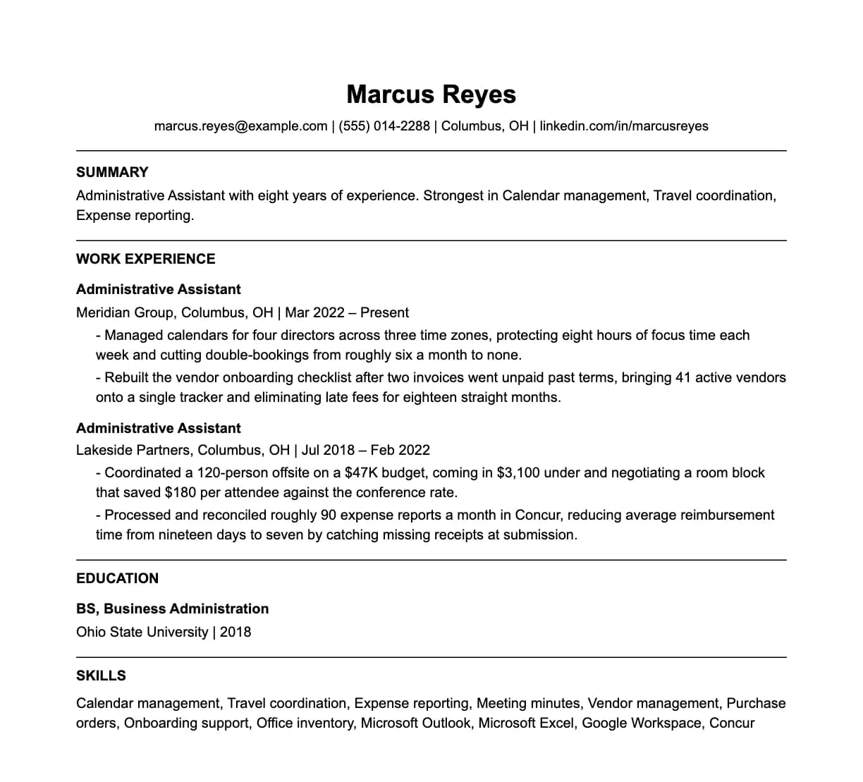 A complete one-page administrative assistant resume: contact line, summary, two roles with quantified achievements, education and a skills list.