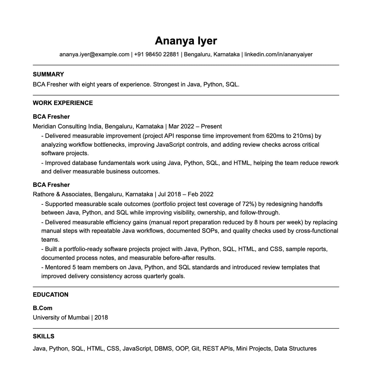 A complete one-page bca fresher resume: contact line, summary, two roles with quantified achievements, education and a skills list.