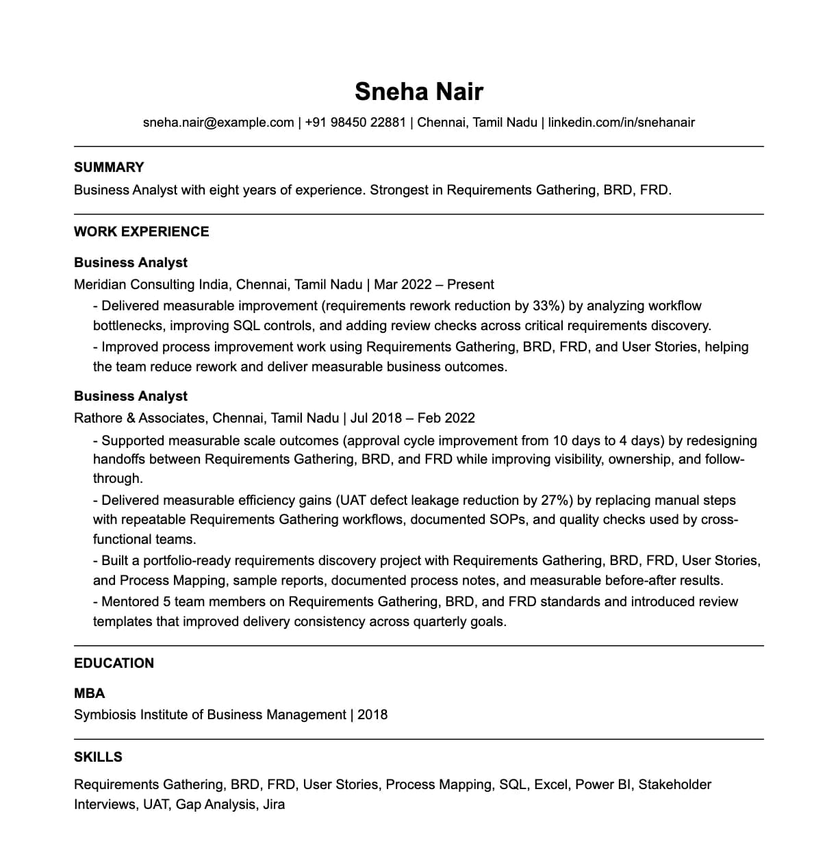 A complete one-page business analyst resume: contact line, summary, two roles with quantified achievements, education and a skills list.