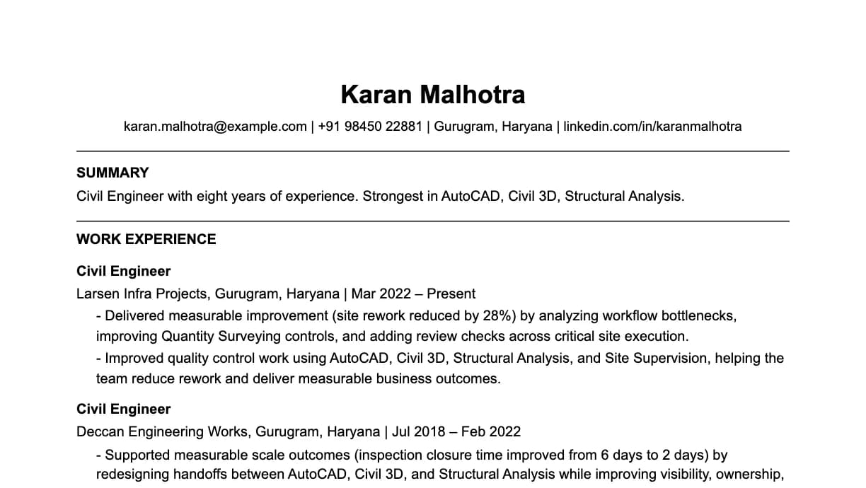 The top of a civil engineer resume: contact details, a two-line summary, and the first role with two quantified achievements.