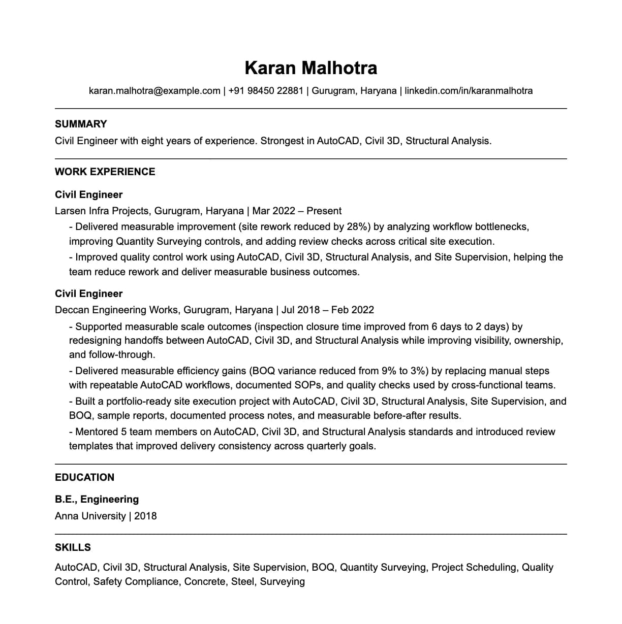 A complete one-page civil engineer resume: contact line, summary, two roles with quantified achievements, education and a skills list.