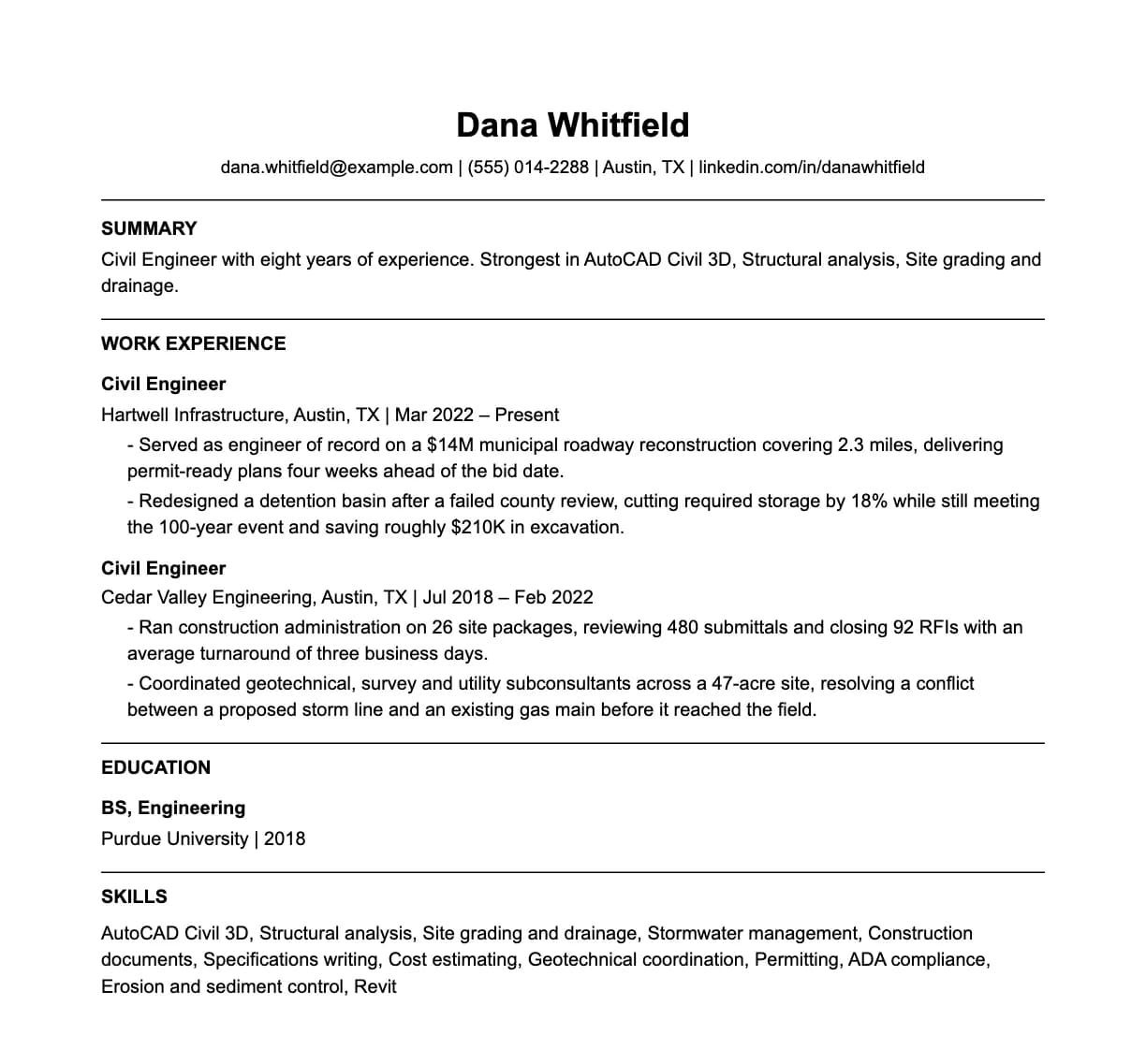A complete one-page civil engineer resume: contact line, summary, two roles with quantified achievements, education and a skills list.