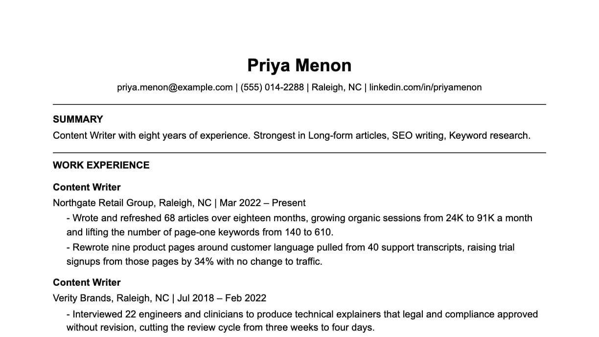 The top of a content writer resume: contact details, a two-line summary, and the first role with two quantified achievements.