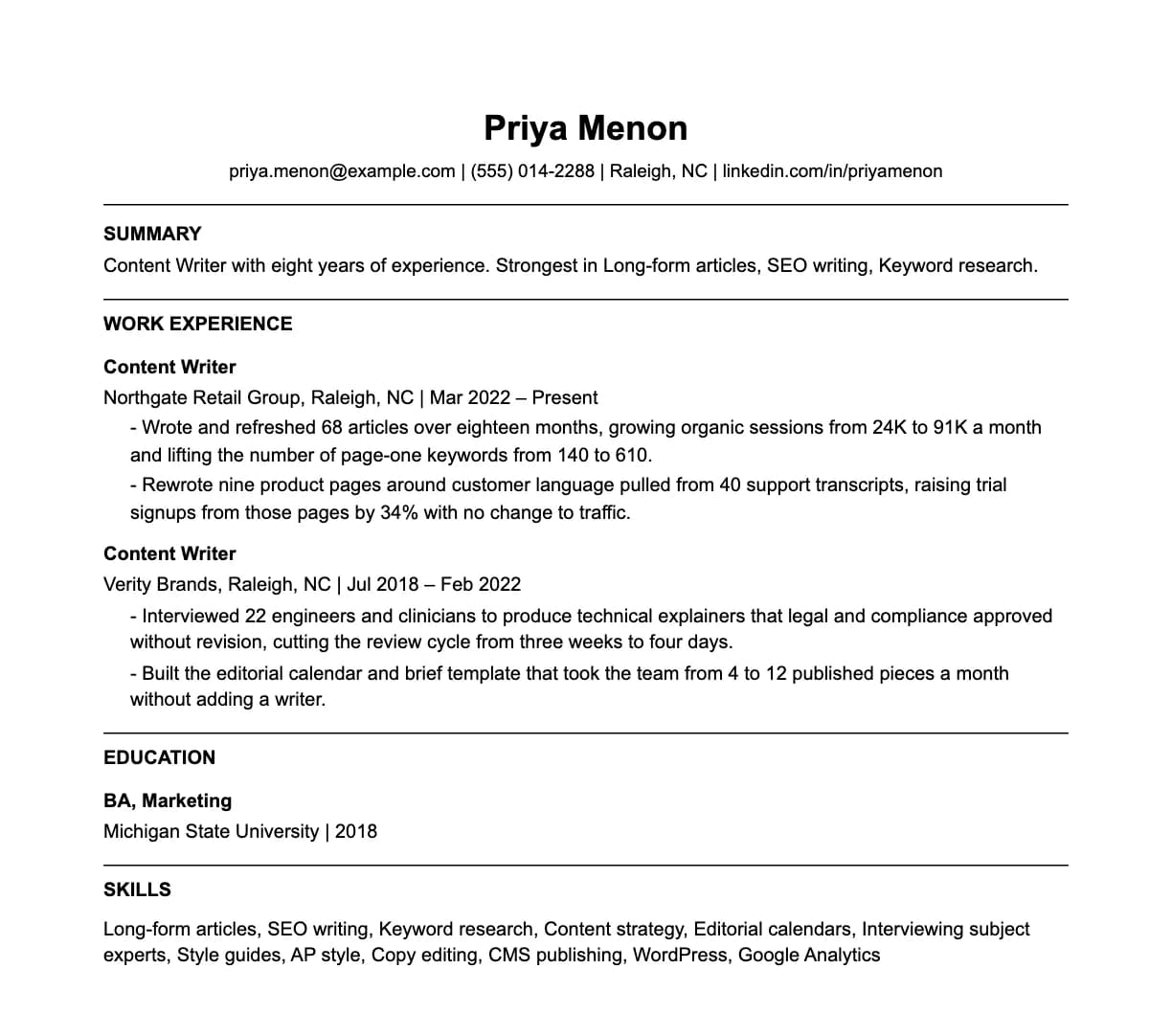 A complete one-page content writer resume: contact line, summary, two roles with quantified achievements, education and a skills list.