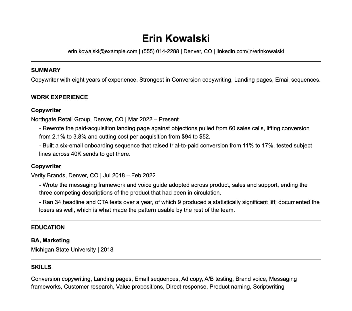 A complete one-page copywriter resume: contact line, summary, two roles with quantified achievements, education and a skills list.