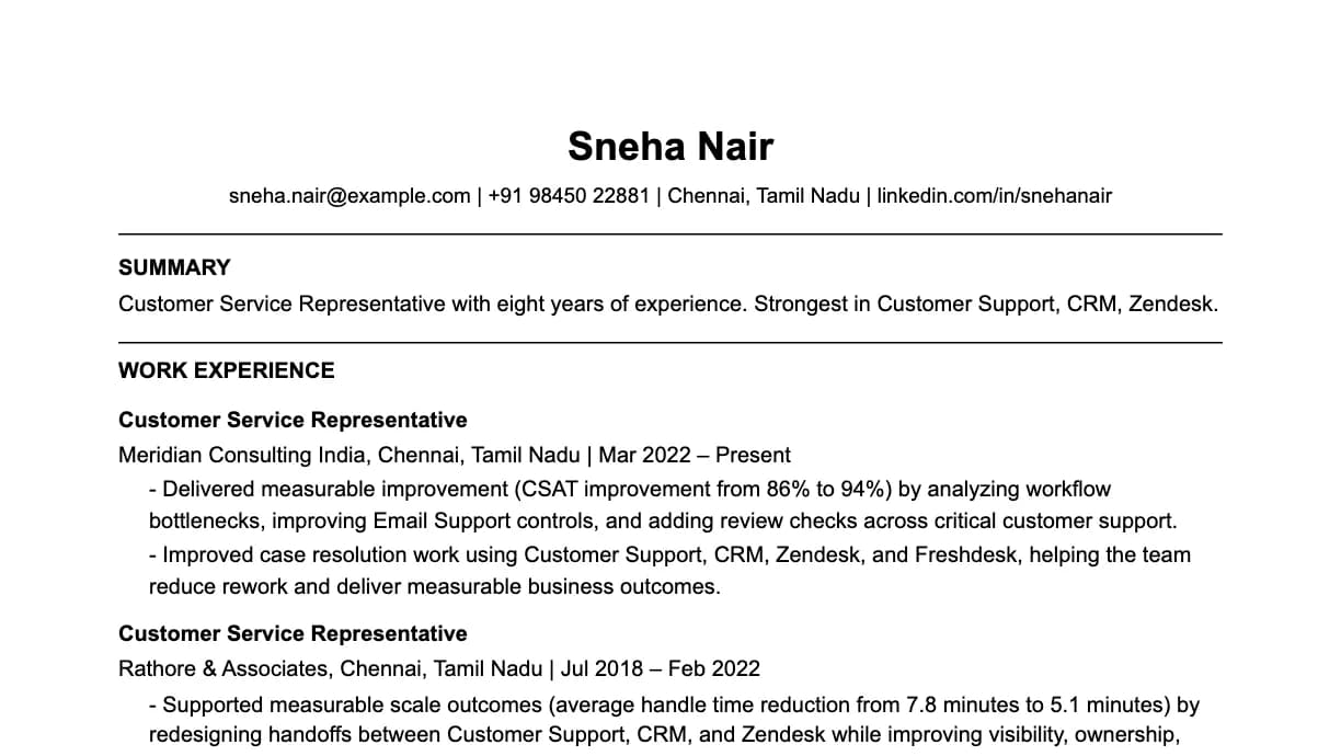 The top of a customer service representative resume: contact details, a two-line summary, and the first role with two quantified achievements.