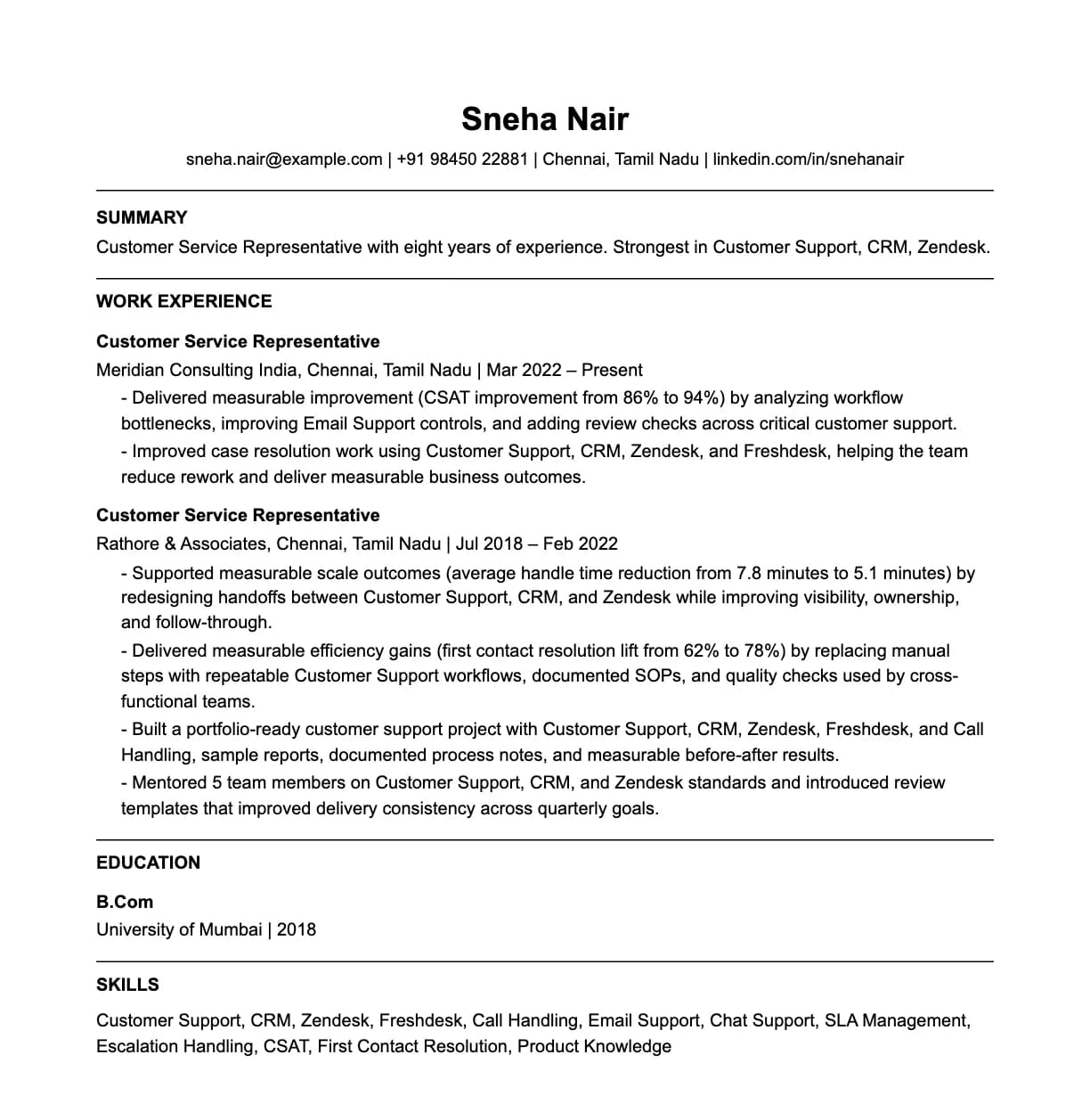 A complete one-page customer service representative resume: contact line, summary, two roles with quantified achievements, education and a skills list.