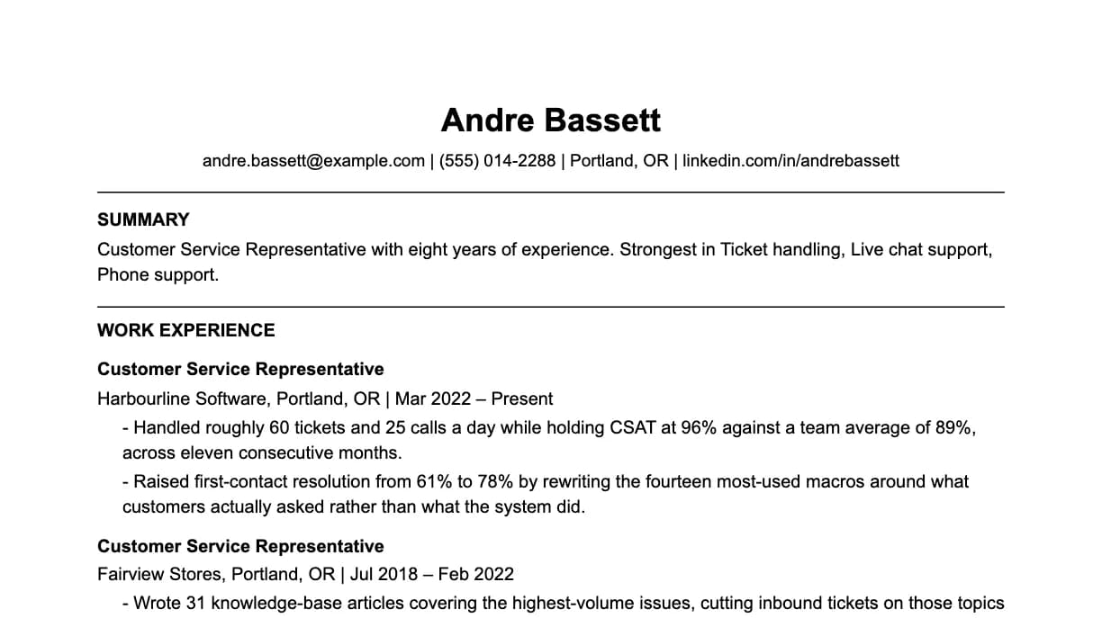 The top of a customer service representative resume: contact details, a two-line summary, and the first role with two quantified achievements.