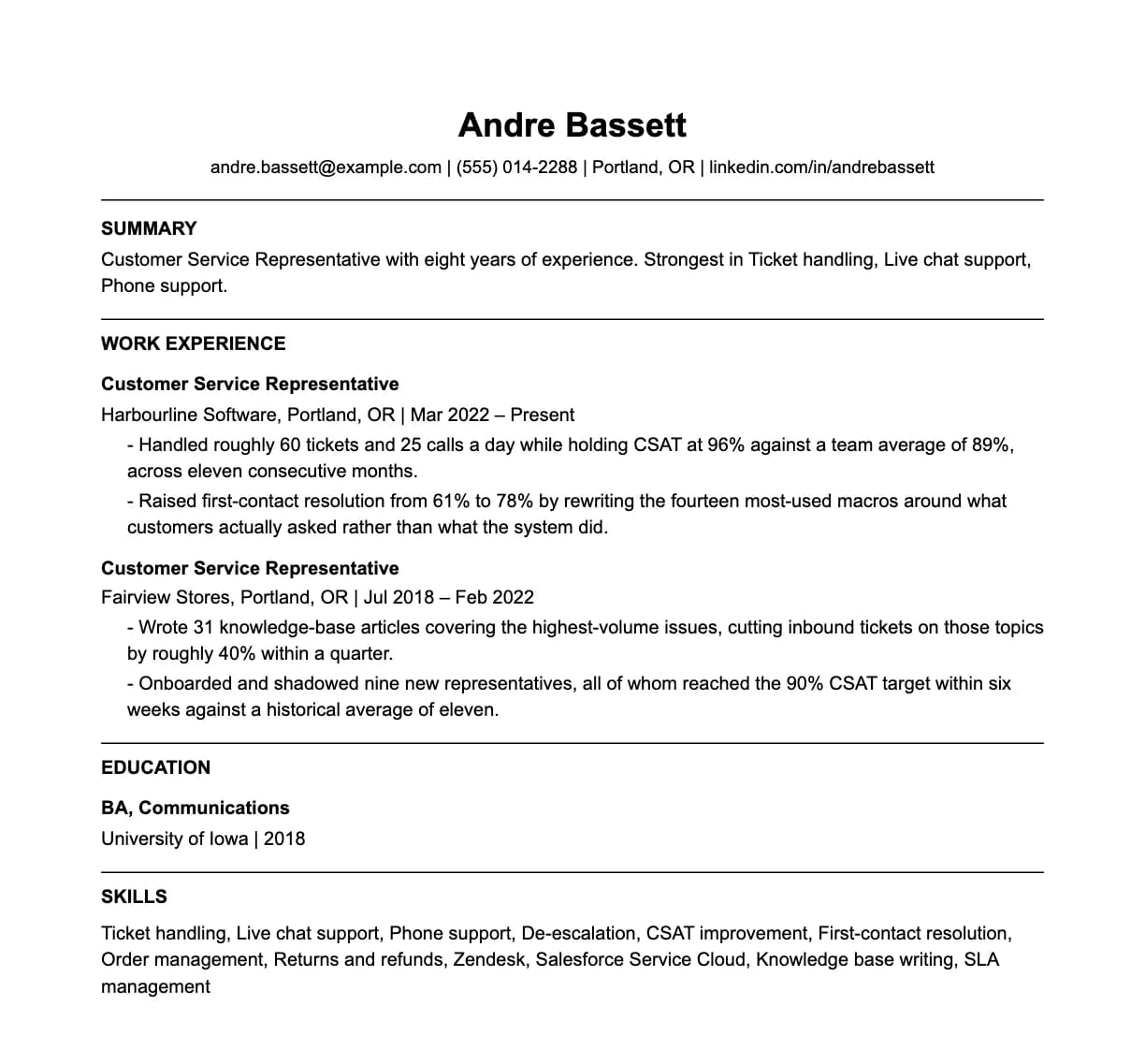 A complete one-page customer service representative resume: contact line, summary, two roles with quantified achievements, education and a skills list.