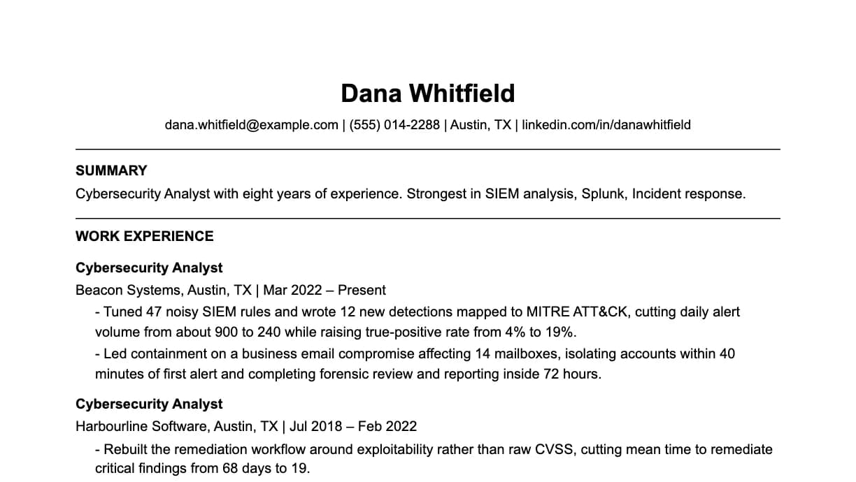 The top of a cybersecurity analyst resume: contact details, a two-line summary, and the first role with two quantified achievements.