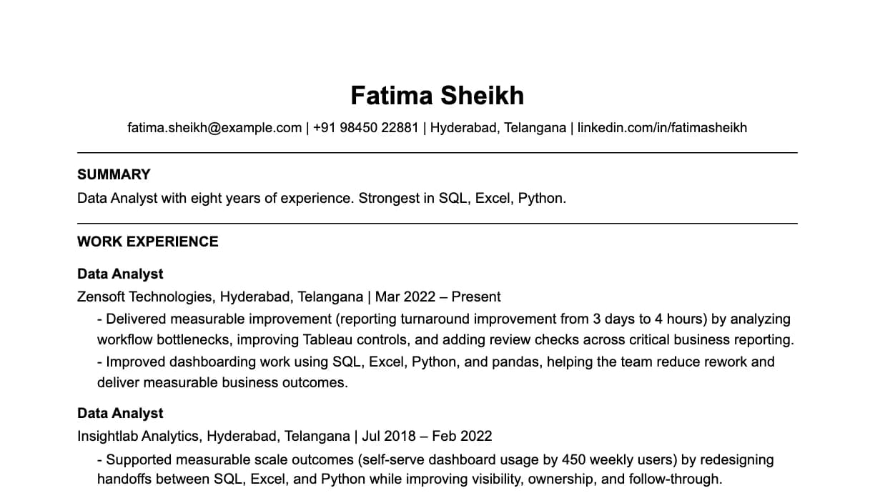 The top of a data analyst resume: contact details, a two-line summary, and the first role with two quantified achievements.