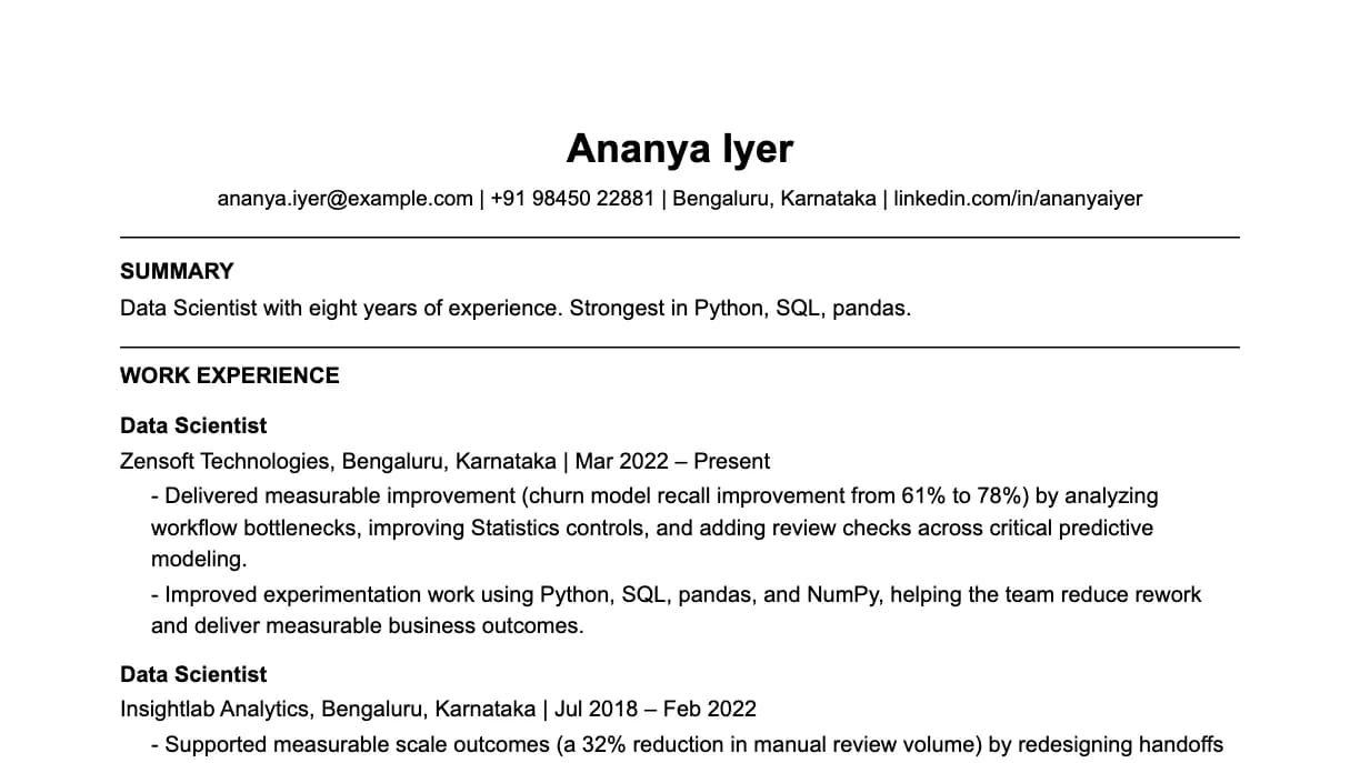 The top of a data scientist resume: contact details, a two-line summary, and the first role with two quantified achievements.