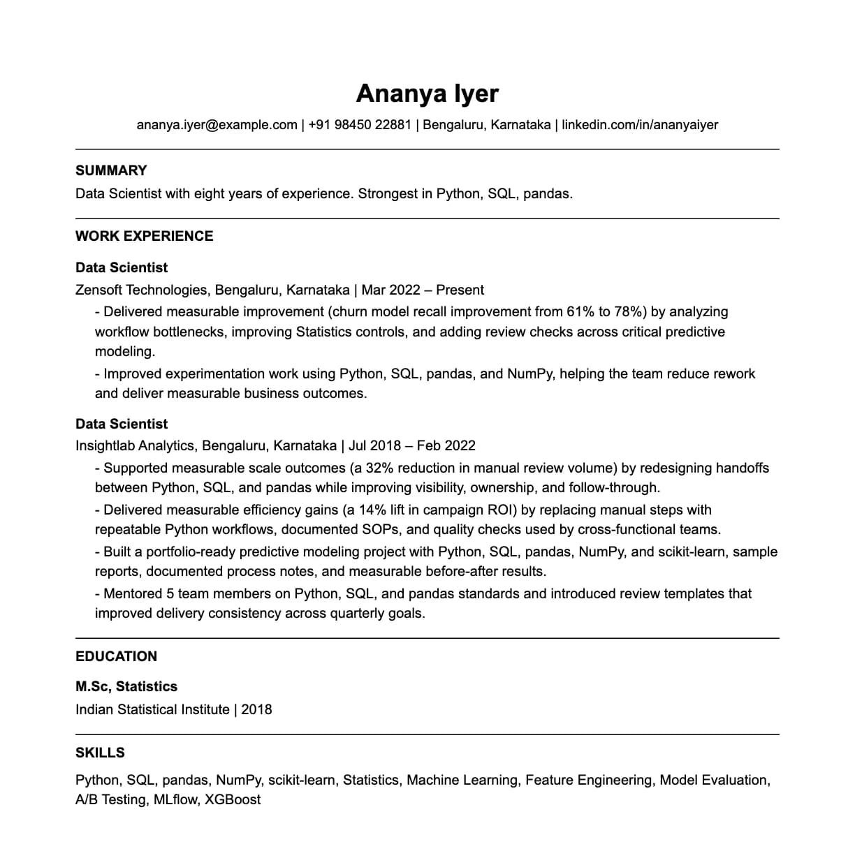 A complete one-page data scientist resume: contact line, summary, two roles with quantified achievements, education and a skills list.