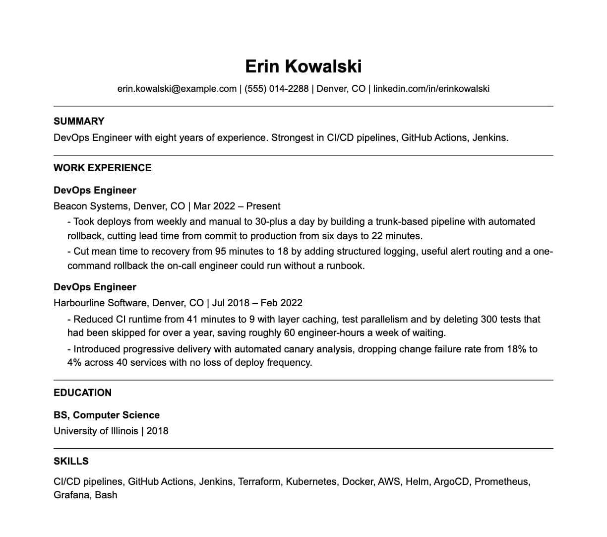 A complete one-page devops engineer resume: contact line, summary, two roles with quantified achievements, education and a skills list.