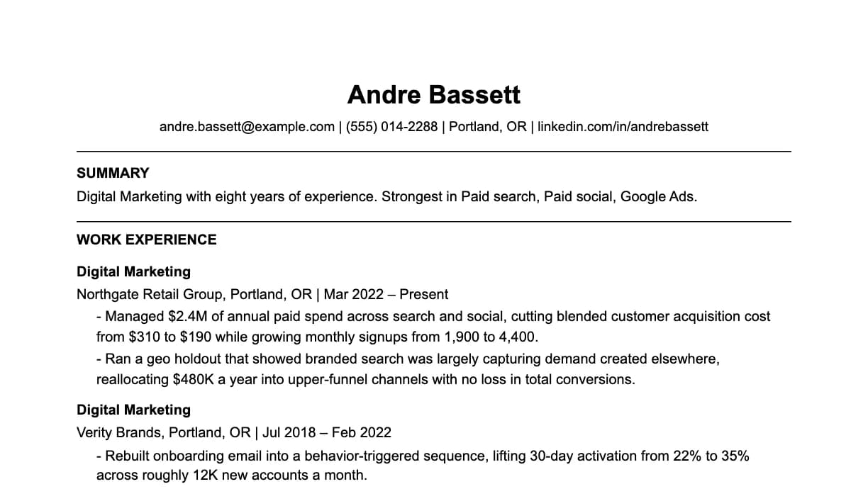The top of a digital marketing resume: contact details, a two-line summary, and the first role with two quantified achievements.