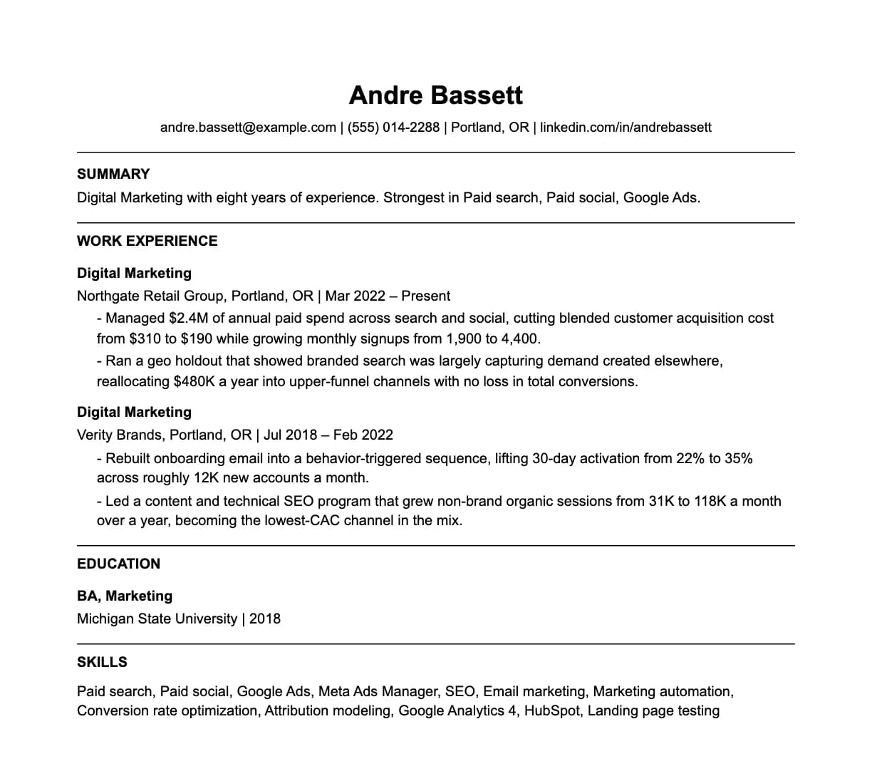 A complete one-page digital marketing resume: contact line, summary, two roles with quantified achievements, education and a skills list.