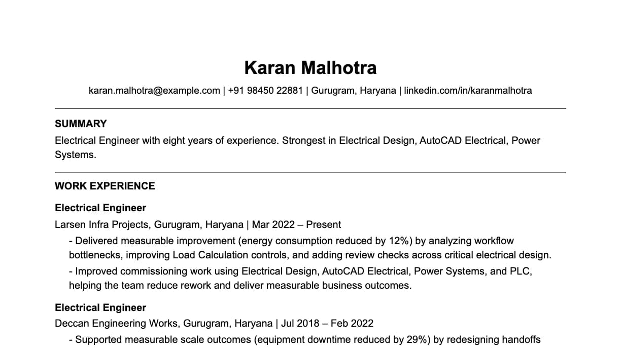 The top of a electrical engineer resume: contact details, a two-line summary, and the first role with two quantified achievements.