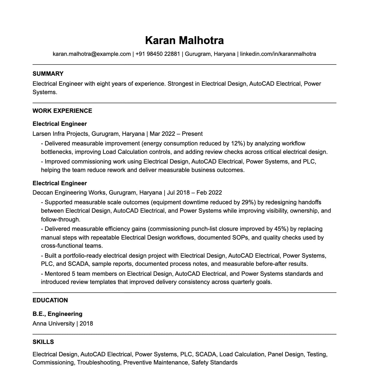 A complete one-page electrical engineer resume: contact line, summary, two roles with quantified achievements, education and a skills list.