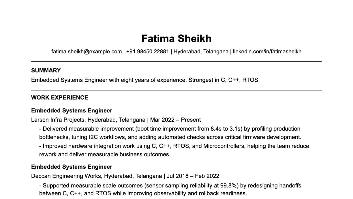 The top of a embedded systems engineer resume: contact details, a two-line summary, and the first role with two quantified achievements.