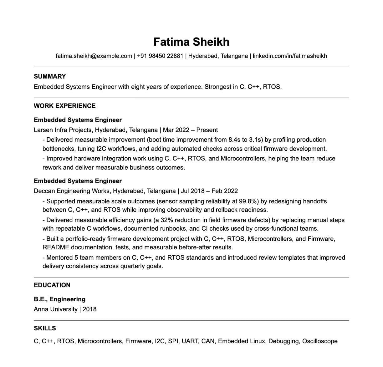 A complete one-page embedded systems engineer resume: contact line, summary, two roles with quantified achievements, education and a skills list.