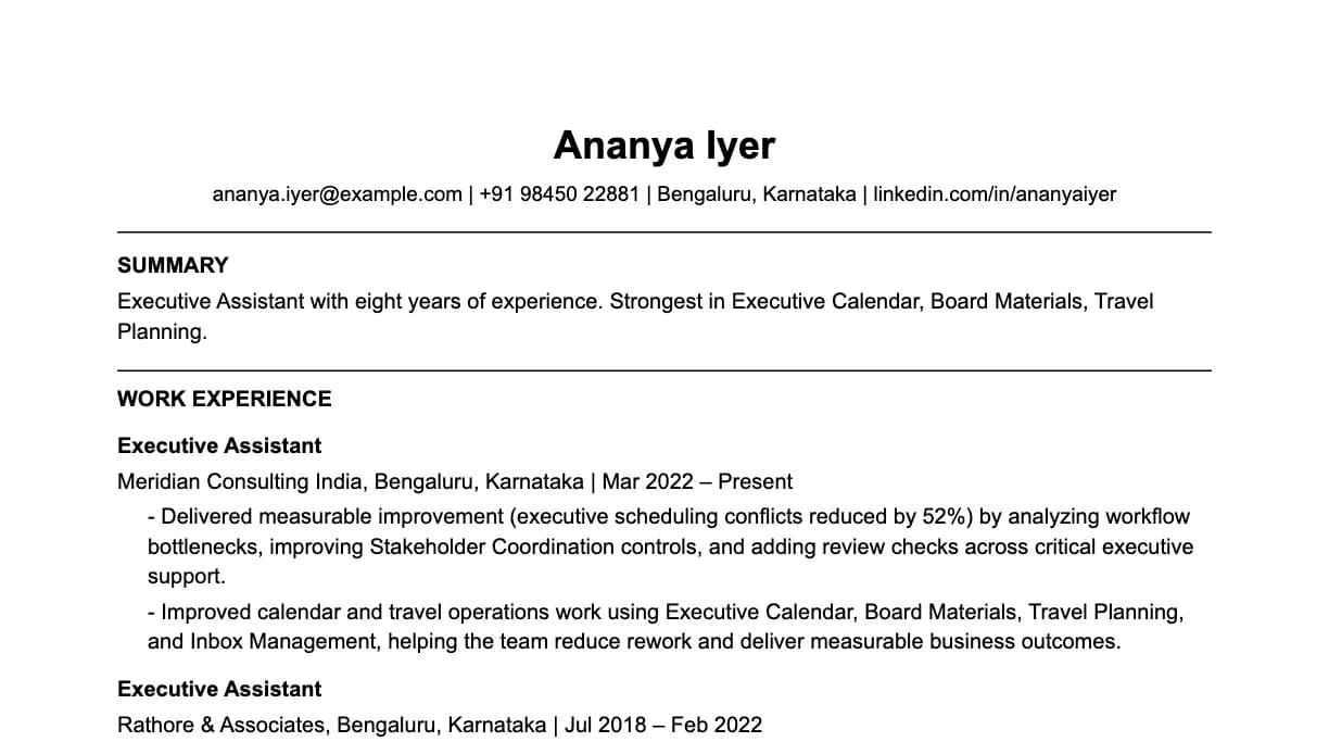 The top of a executive assistant resume: contact details, a two-line summary, and the first role with two quantified achievements.