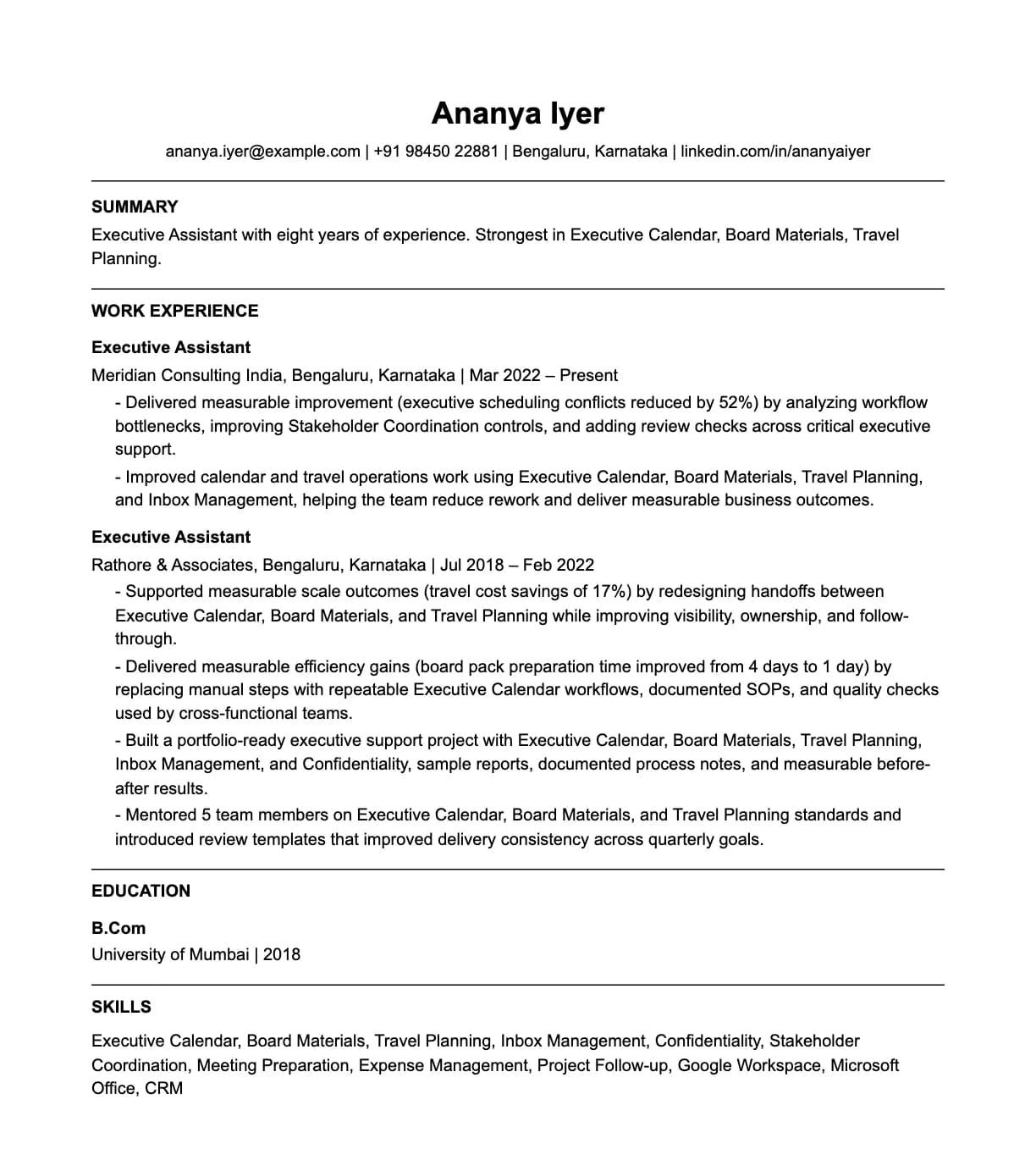 A complete one-page executive assistant resume: contact line, summary, two roles with quantified achievements, education and a skills list.