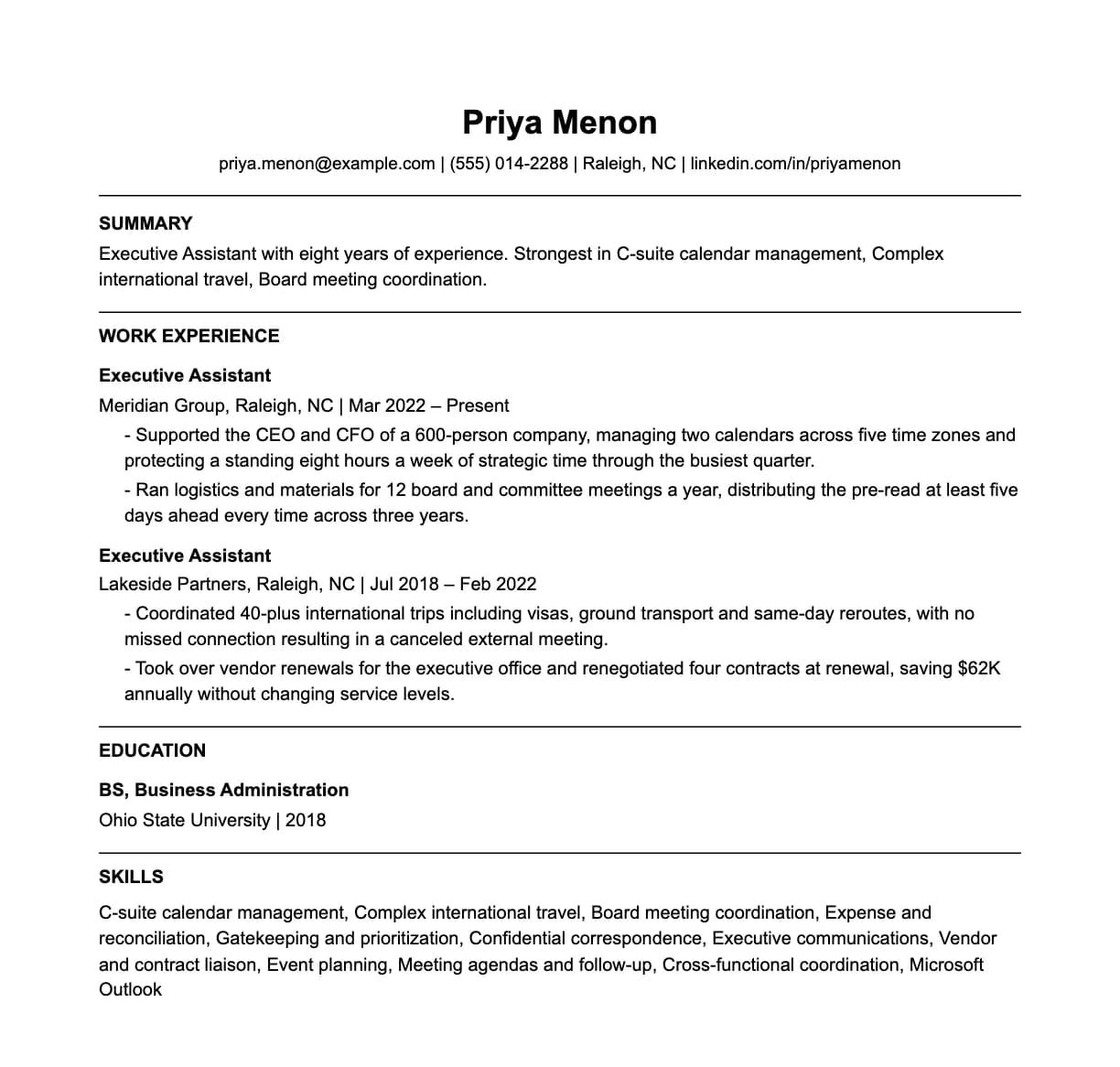 A complete one-page executive assistant resume: contact line, summary, two roles with quantified achievements, education and a skills list.