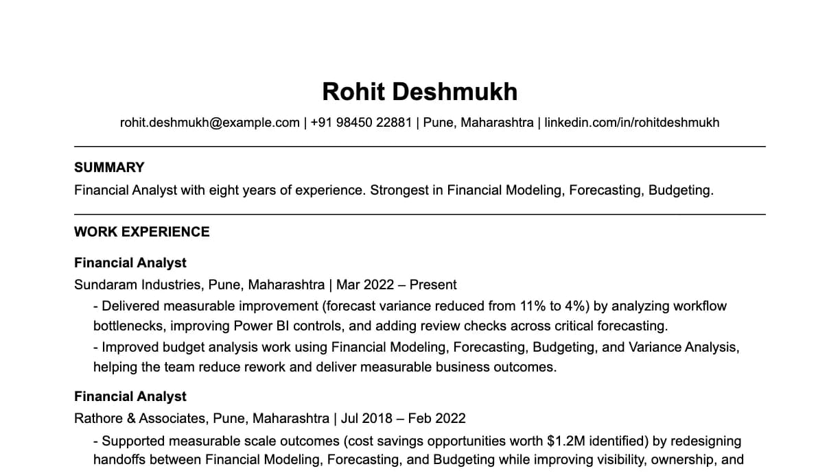 The top of a financial analyst resume: contact details, a two-line summary, and the first role with two quantified achievements.