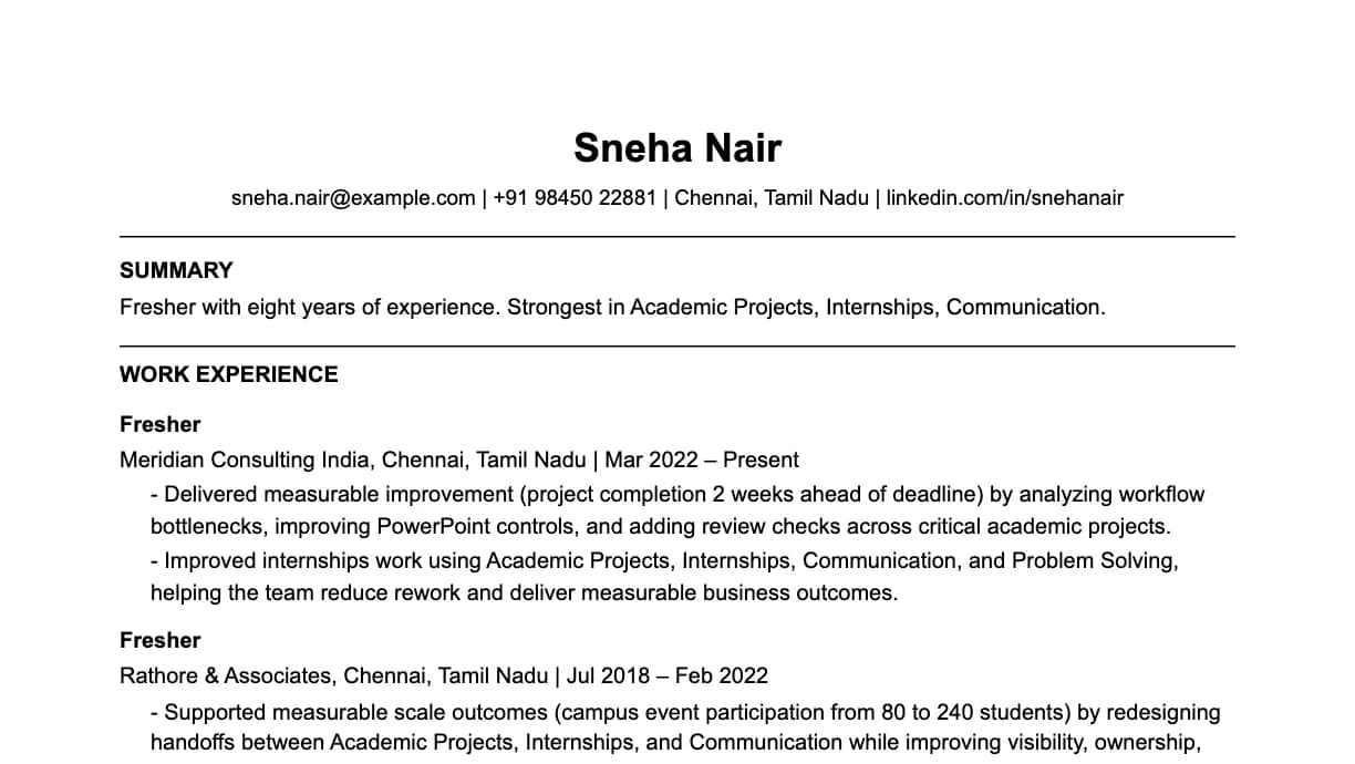The top of a fresher resume: contact details, a two-line summary, and the first role with two quantified achievements.