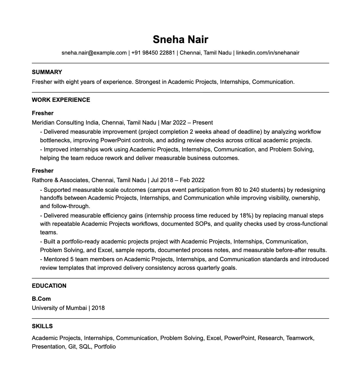 A complete one-page fresher resume: contact line, summary, two roles with quantified achievements, education and a skills list.